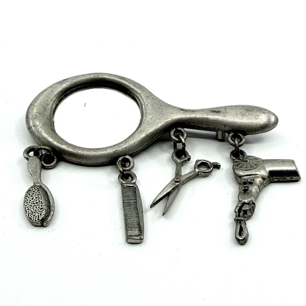 Hair Stylist Mirror Brooch Pin Silver Tone Comb Scissors Dryer Dangle Charms
